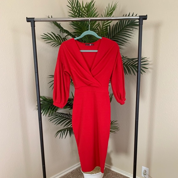 tall off the shoulder wrap midi bodycon dress